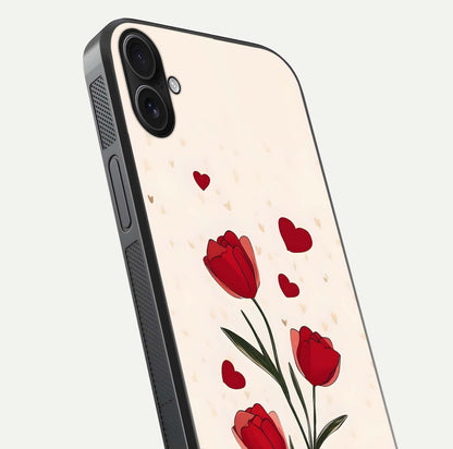Tulip With Heart Glass Case for iPhone 16 Plus close-up angled shot highlighting petal details and reflection
