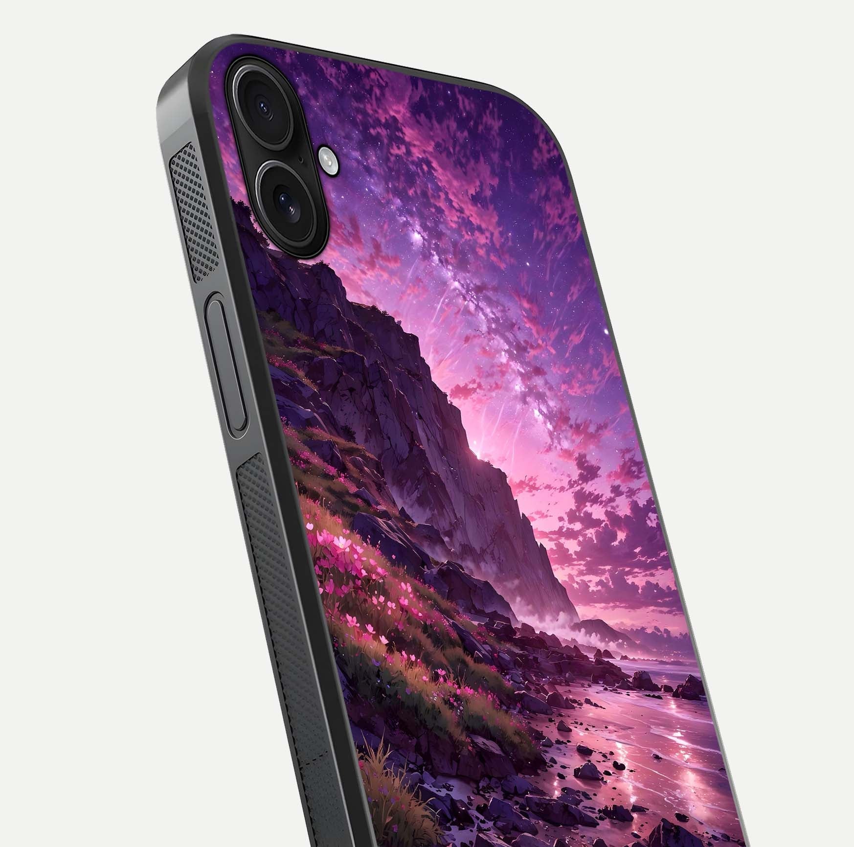 Twilight Blossom Coast Glass Case for iPhone 16 Plus close-up angled shot highlighting gradient sky and reflection