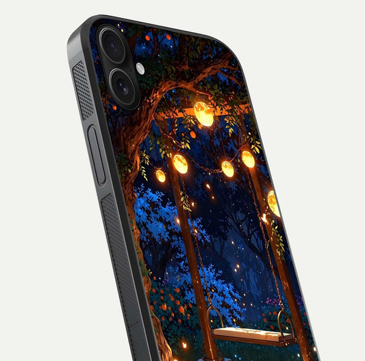 Twilight Garden Swing Glass Case for iPhone 16 Plus close-up angled shot highlighting floral tones and reflection