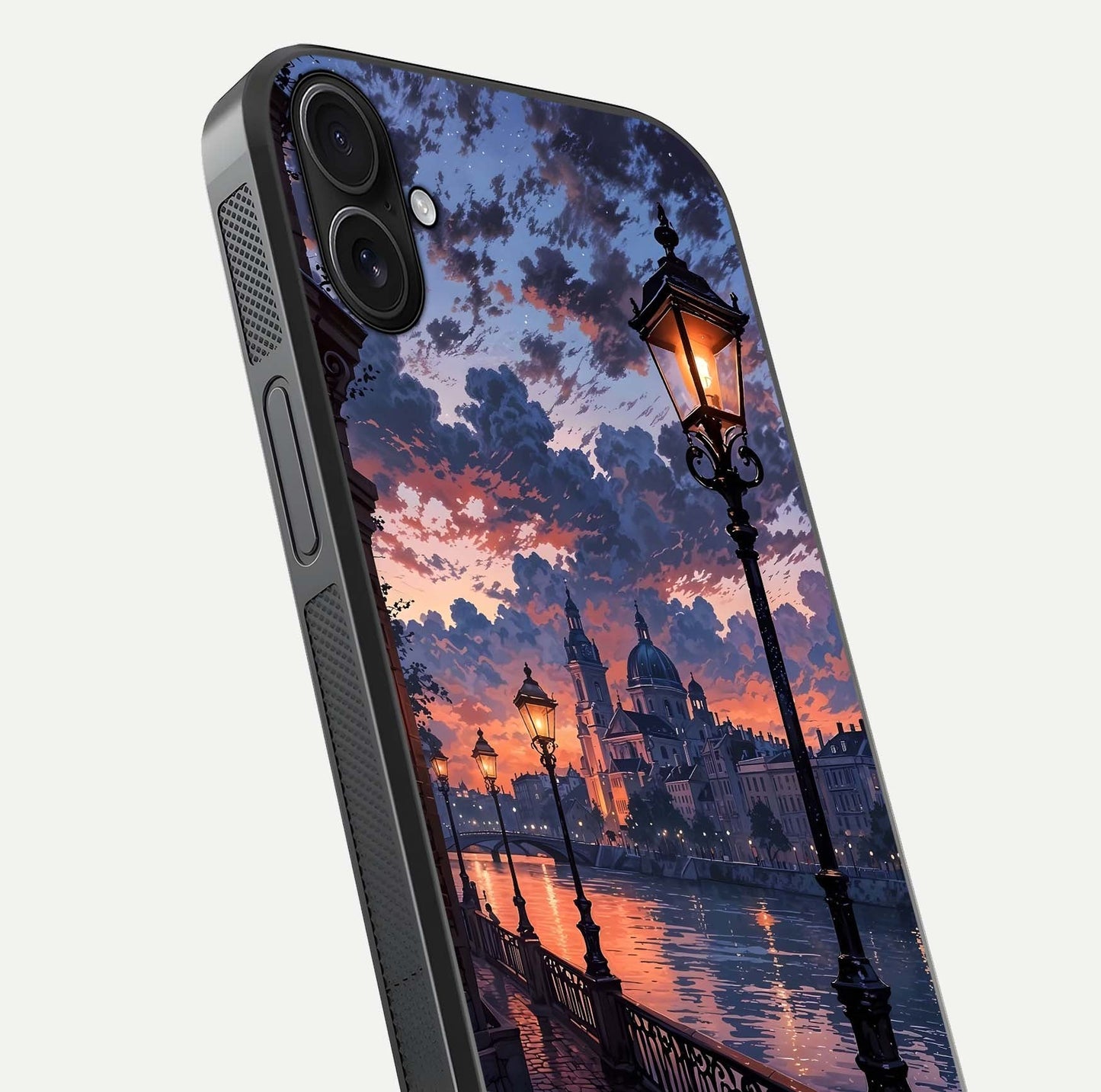 Twilight River Lights Glass Case for iPhone 16 Plus close-up angled shot highlighting river reflections and color tones