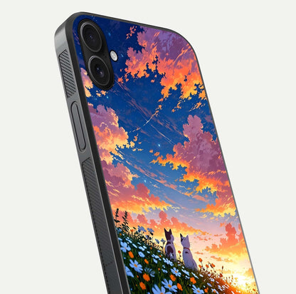Two Cats Friends Glass Case for iPhone 16 Plus close-up angled shot highlighting cat illustrations and soft reflection