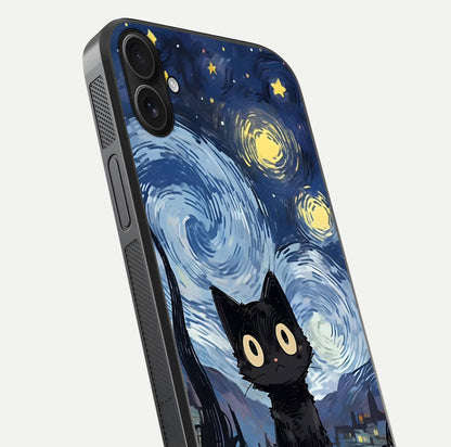 Van Gogh Cat Glass Case for iPhone 16 Plus close-up angled shot highlighting brushstroke texture and reflection
