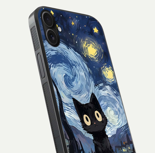 Van Gogh Cat Glass Case for iPhone 16 Plus close-up angled shot highlighting brushstroke texture and reflection