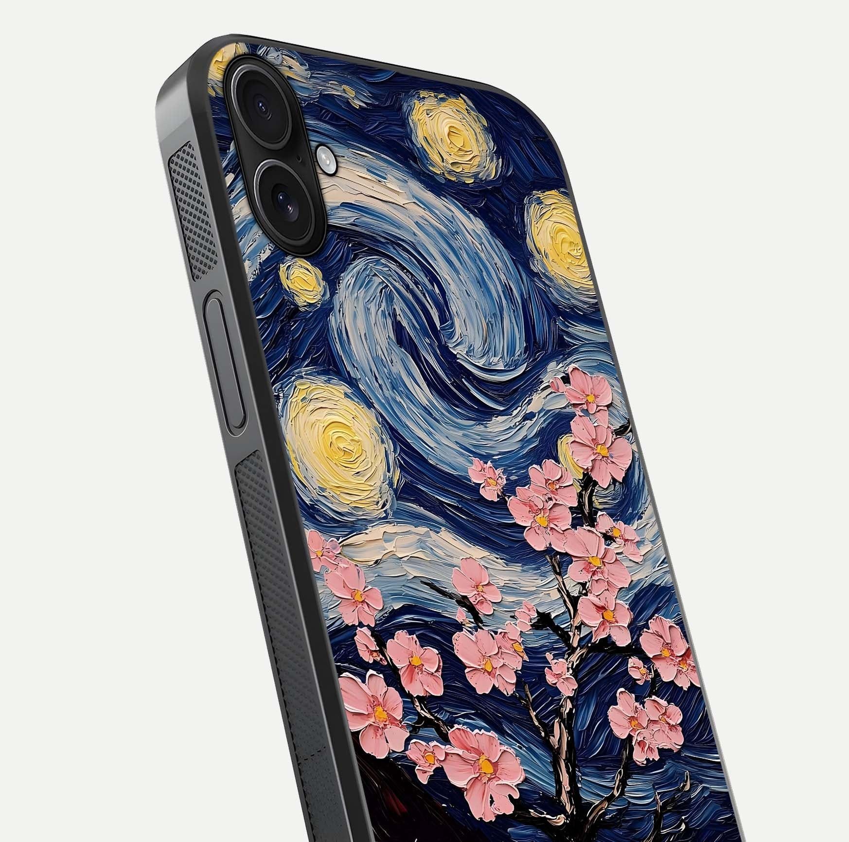 Van Gogh Scenery Glass Case for iPhone 16 Plus close-up angled shot highlighting brushwork texture and color depth