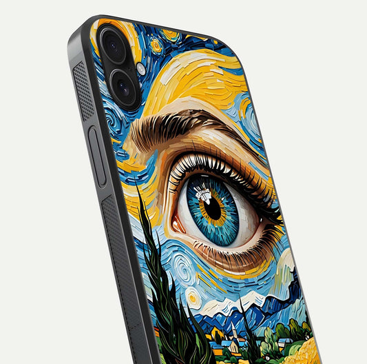 Van Gogh Eye Glass Case for iPhone 16 Plus close-up angled shot highlighting color blend and gloss reflection