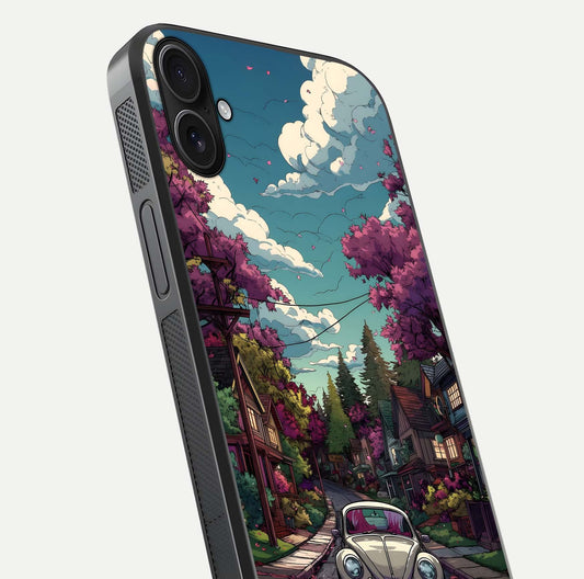 Vintage Street Drive Glass Case for iPhone 16 Plus close-up angled shot highlighting vintage tones and reflection