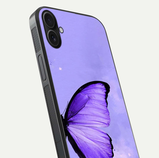 Violet Dream Wing Glass Case for iPhone 16 Plus close-up angled shot highlighting wing texture and reflection