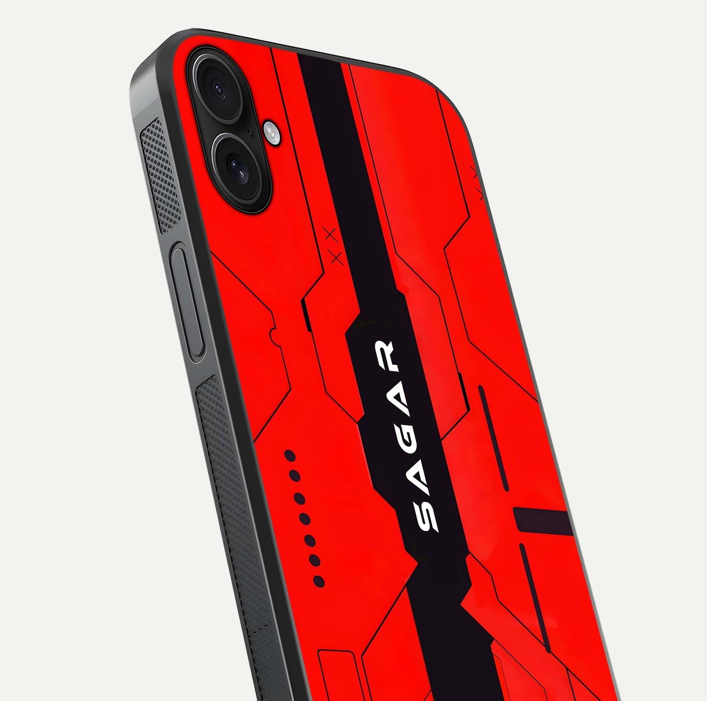 Voltage Rise CYBERPUNK Custom Name Glass Case for iPhone 16 Plus close-up angled shot highlighting neon glow and reflection