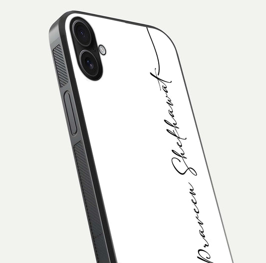 White Tune Custom Name Glass Case for iPhone 16 Plus close-up angled shot highlighting gloss reflection and texture