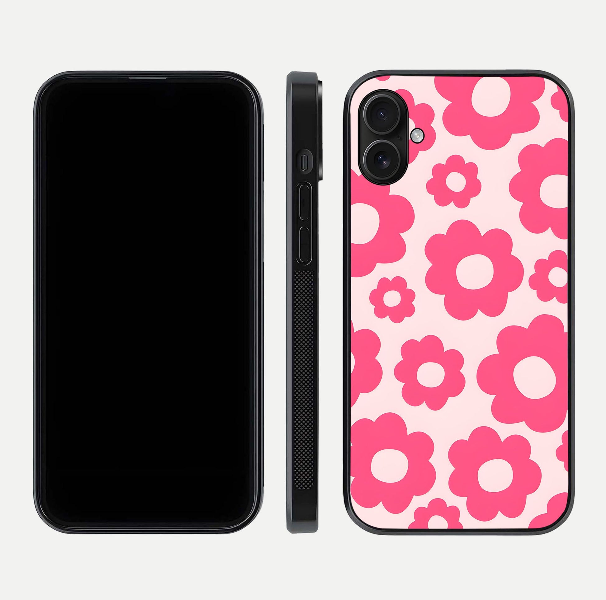 Blush Flower Pop iPhone 16 Plus glass phone case front and side layout view showing slim profile and full floral coverage