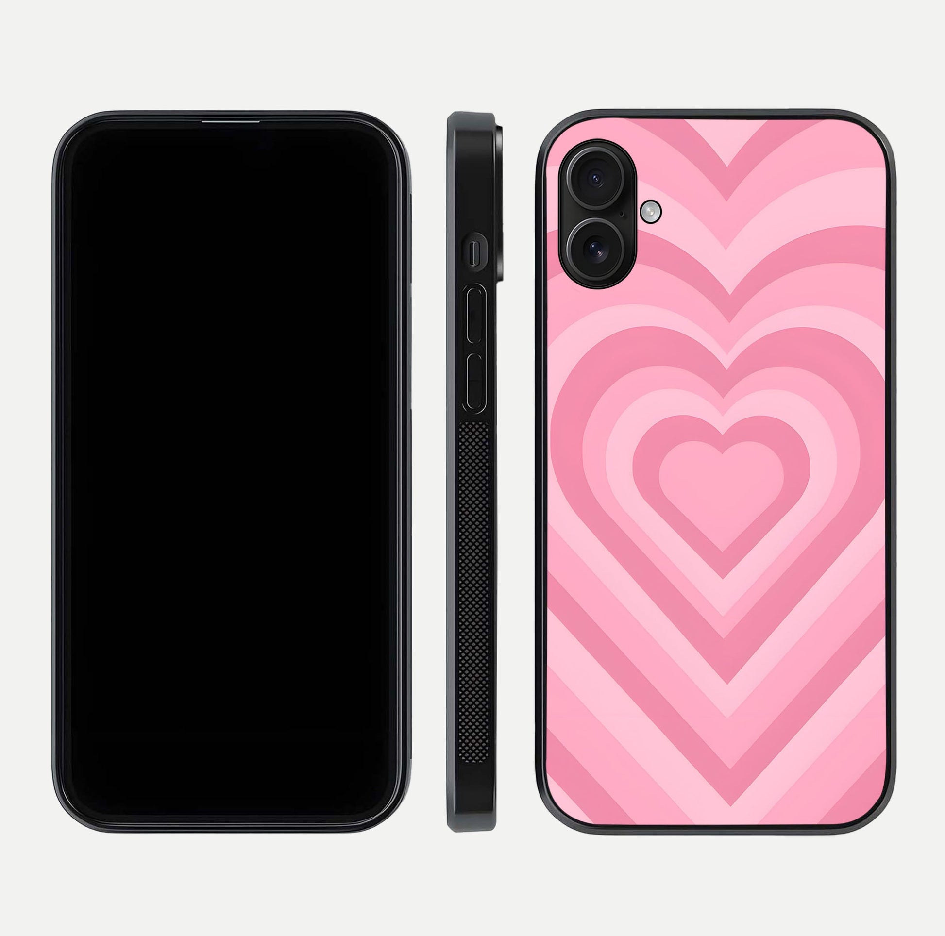 Blush Heart Waves iPhone 16 Plus glass phone case front and side layout view displaying slim frame and full heart pattern