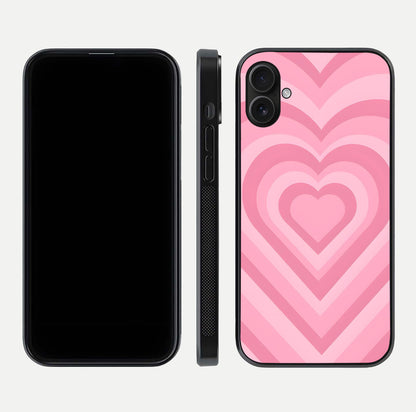 Blush Heart Waves iPhone 16 Plus glass phone case front and side layout view displaying slim frame and full heart pattern