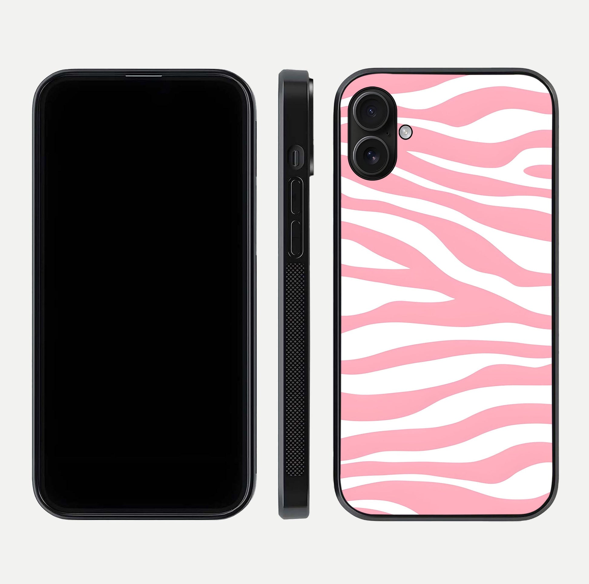 Blush Zebra Flow iPhone 16 Plus glass phone case front and side layout view showing slim build and flowing pattern coverage