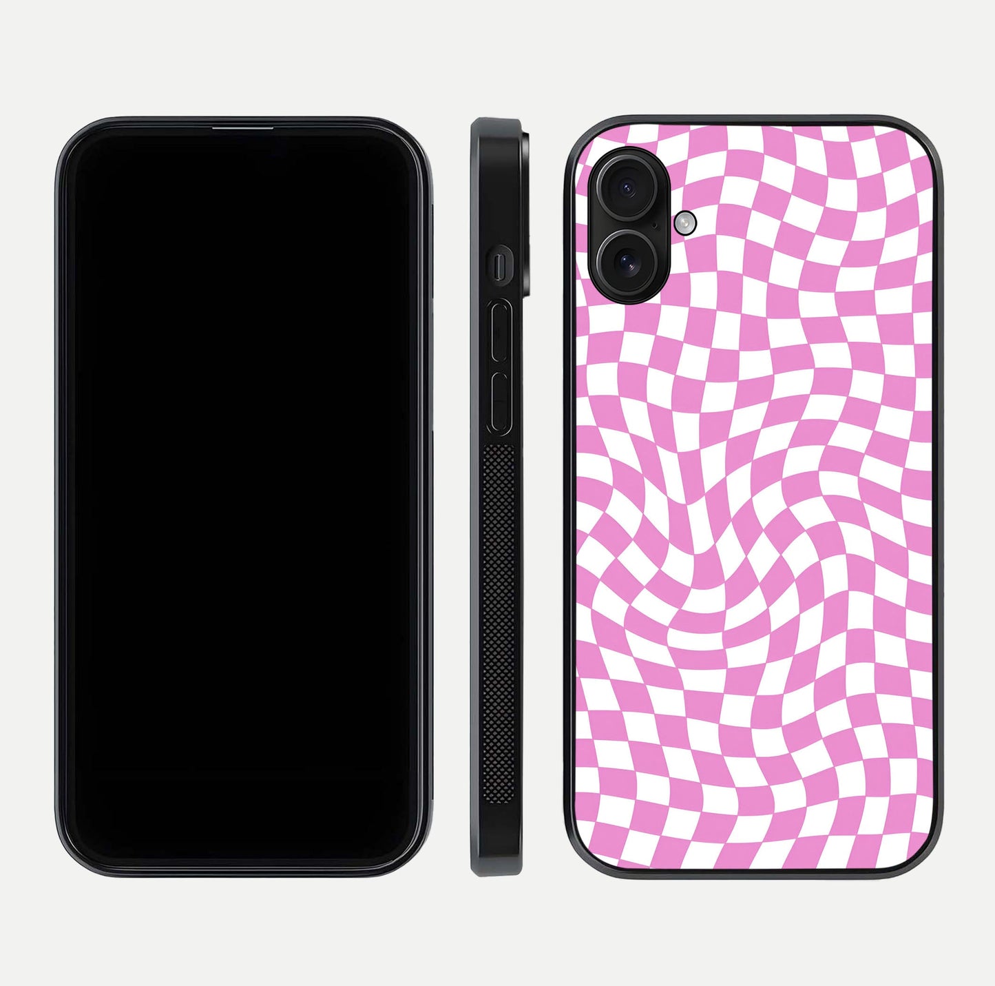 Bubblegum Check Wave iPhone 16 Plus glass phone case front and side layout view displaying slim profile and full pattern coverage