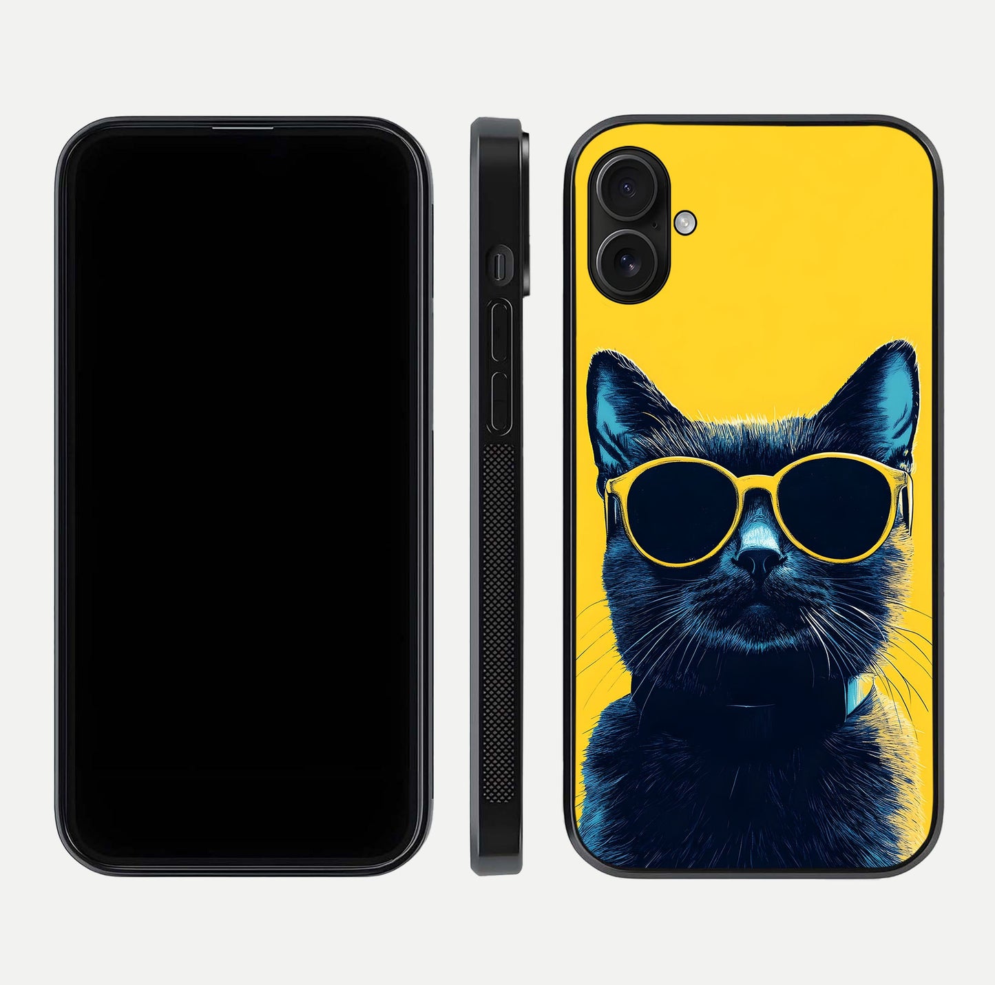 Cool Cat Vibes iPhone 16 Plus glass phone case front and side layout view showing slim frame and full design coverage