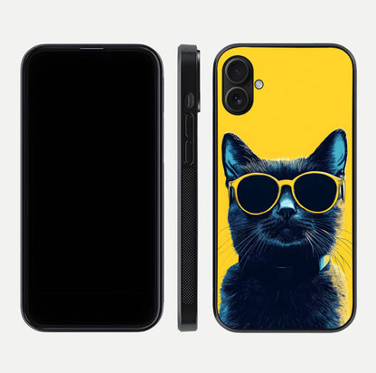 Cool Cat Vibes iPhone 16 Plus glass phone case front and side layout view showing slim frame and full design coverage