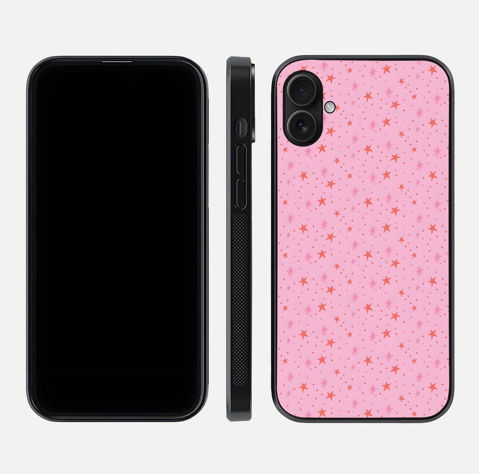 Cosmic Pink Sparkle iPhone 16 Plus glass phone case front and side layout view displaying slim profile and full cosmic coverage