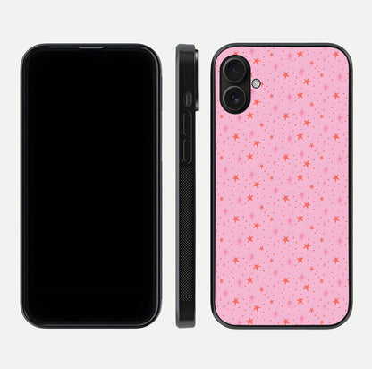 Cosmic Pink Sparkle iPhone 16 Plus glass phone case front and side layout view displaying slim profile and full cosmic coverage
