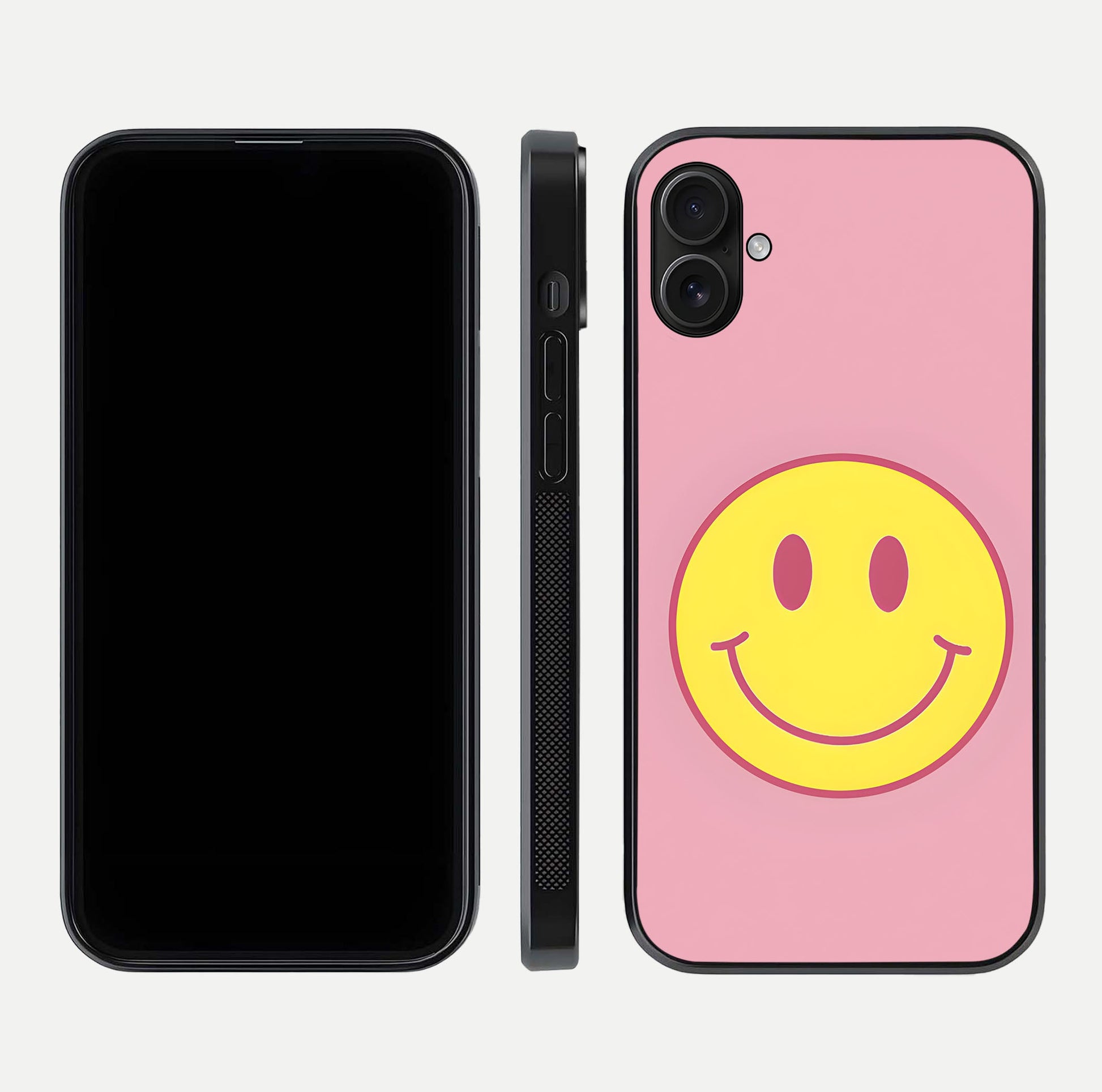 Happy Pink Mood iPhone 16 Plus glass phone case front and side layout view showing slim build and full pink coverage