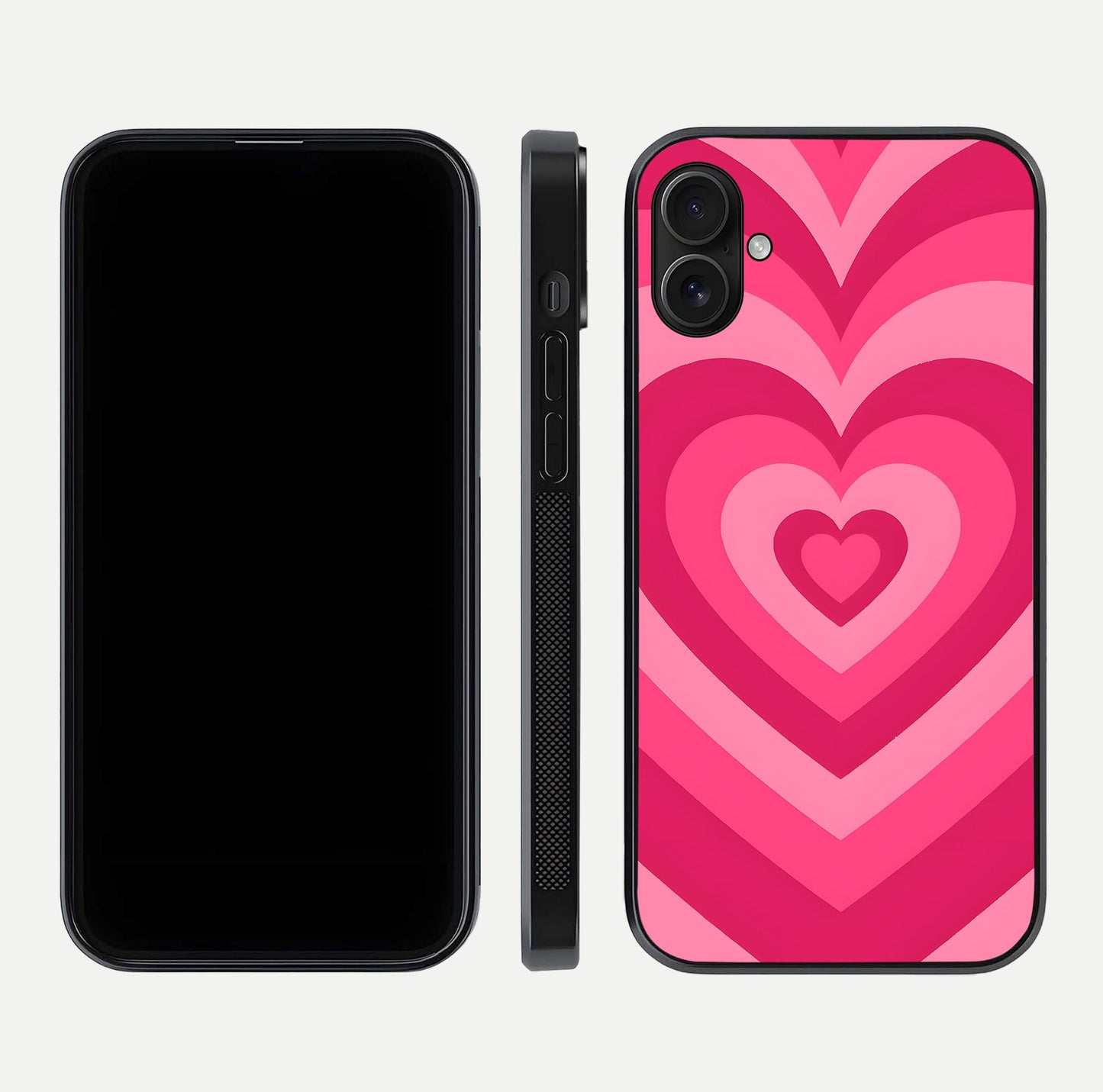 Layered Love Hearts iPhone 16 Plus glass phone case front and side layout view displaying slim profile and full heart design