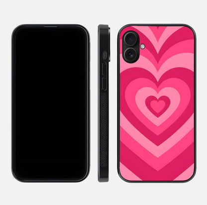 Layered Love Hearts iPhone 16 Plus glass phone case front and side layout view displaying slim profile and full heart design