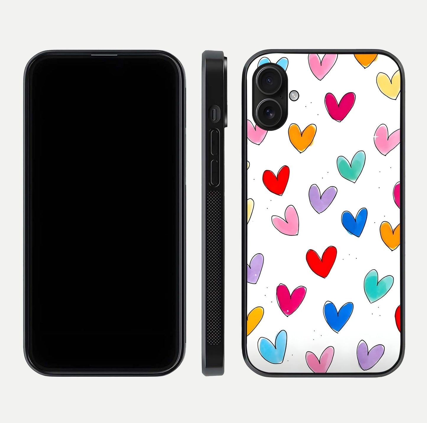 Playful Love Doodles iPhone 16 Plus glass phone case front and side layout view showing slim build and full doodle coverage