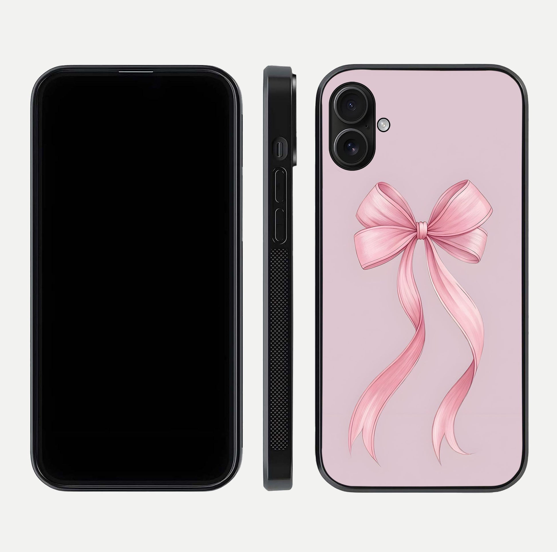 Soft Blush Bow iPhone 16 Plus glass phone case front and side layout view displaying slim profile and gentle aesthetic
