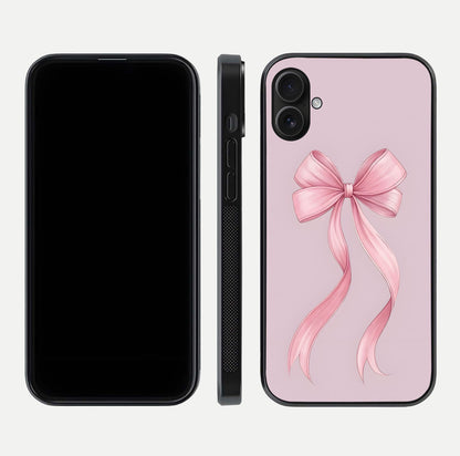 Soft Blush Bow iPhone 16 Plus glass phone case front and side layout view displaying slim profile and gentle aesthetic