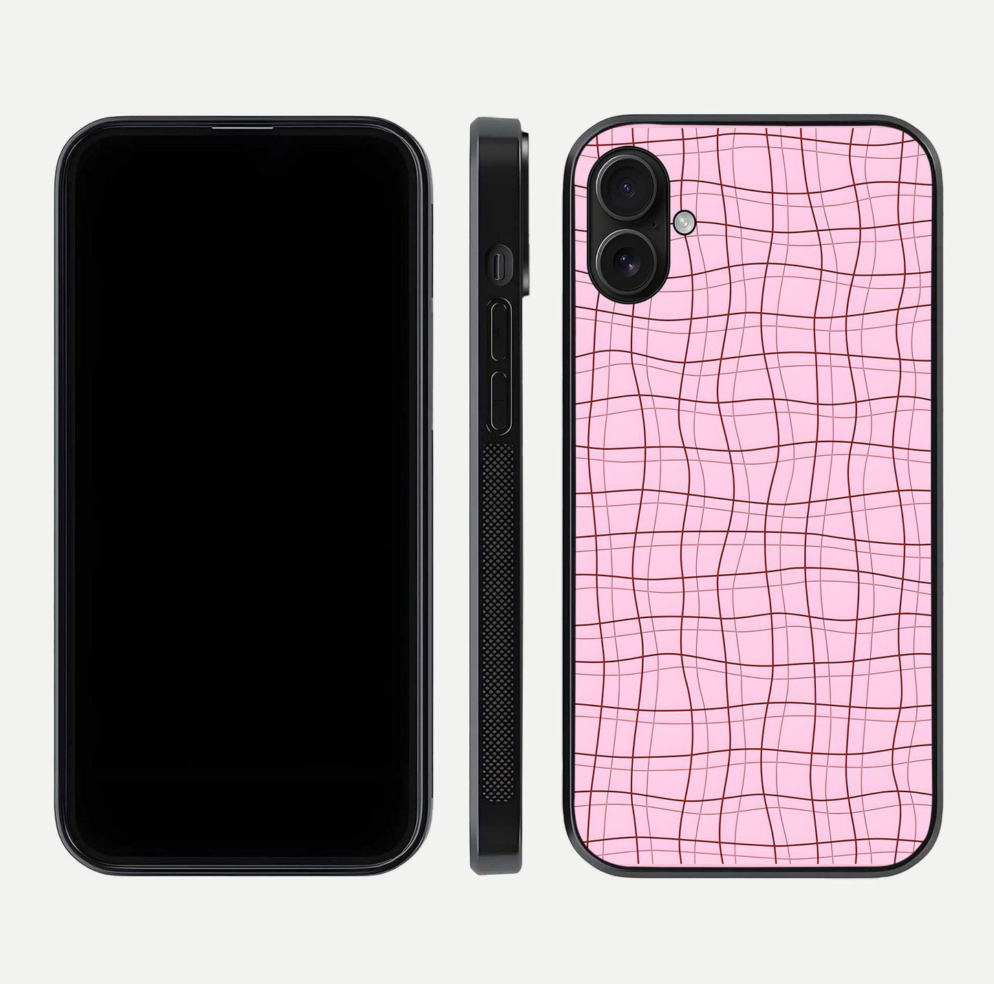 Soft Grid Bliss iPhone 16 Plus glass phone case front and side layout view displaying slim profile and clean design