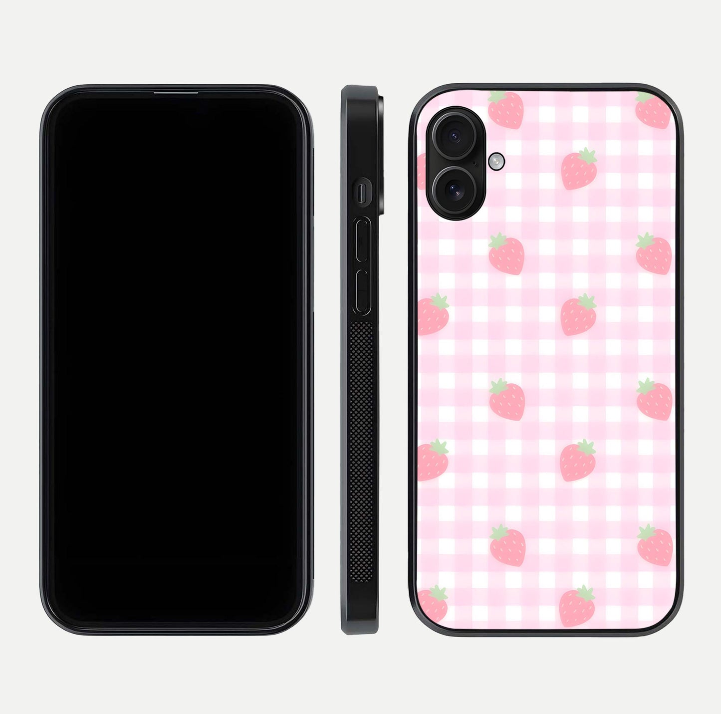 Strawberry Picnic Love iPhone 16 Plus glass phone case front and side layout view showing slim profile and full picnic design