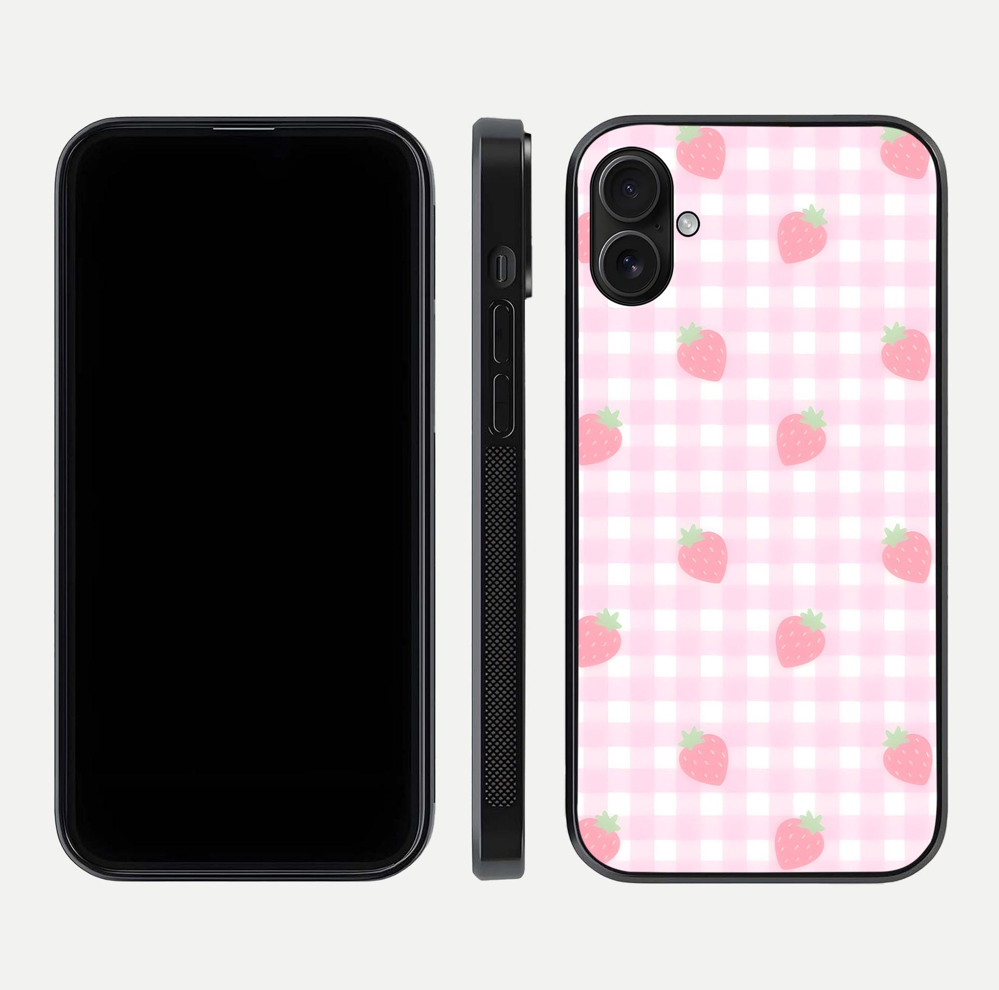 Strawberry Picnic Love iPhone 16 Plus glass phone case front and side layout view showing slim profile and full picnic design