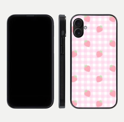 Strawberry Picnic Love iPhone 16 Plus glass phone case front and side layout view showing slim profile and full picnic design
