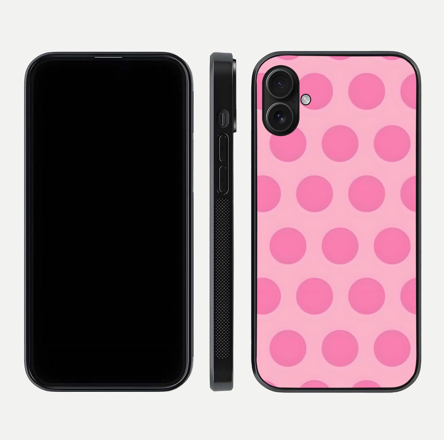 Sweet Dot Dreams iPhone 16 Plus glass phone case front and side layout view displaying slim build and full dot design