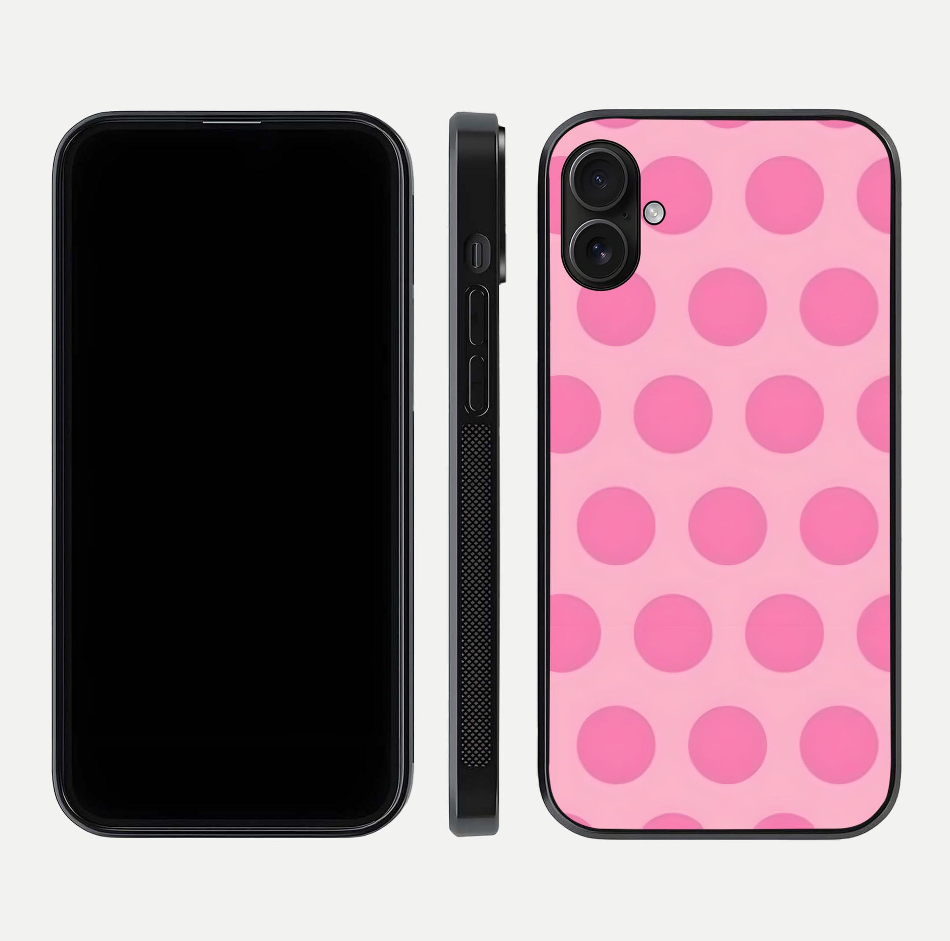 Sweet Dot Dreams iPhone 16 Plus glass phone case front and side layout view displaying slim build and full dot design
