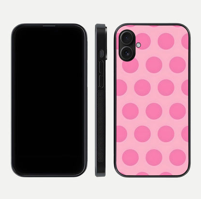 Sweet Dot Dreams iPhone 16 Plus glass phone case front and side layout view displaying slim build and full dot design