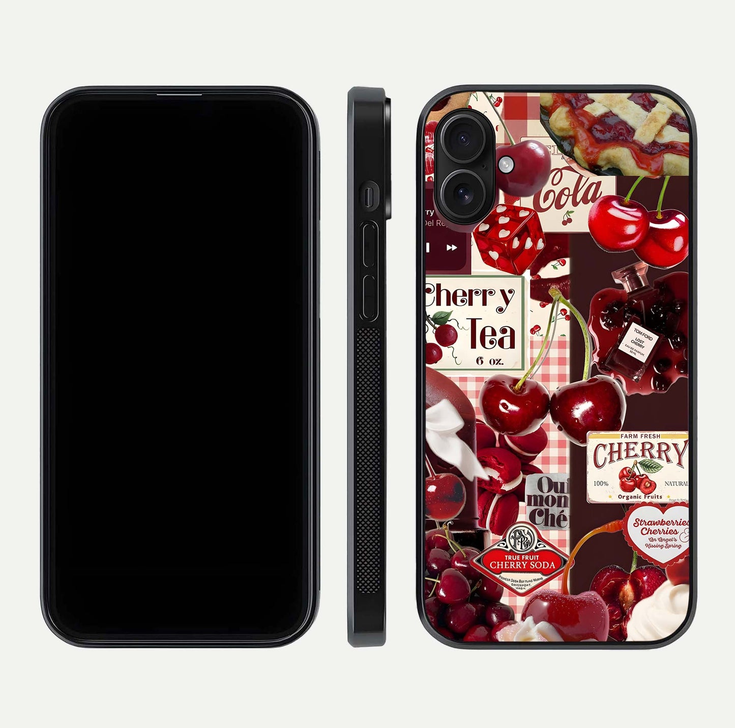 Aesthetic Cherry Tea Glass Case for iPhone 16 Pro front and back view layout showing black front display and artistic cherry-themed glass back