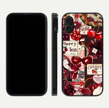 Aesthetic Cherry Tea Glass Case for iPhone 16 Pro front and back view layout showing black front display and artistic cherry-themed glass back