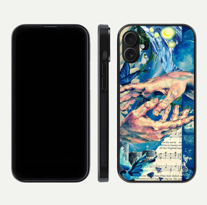 Aesthetic Divider Glass Case for iPhone 16 Pro front and back view layout showing black front display and minimal divider glass back