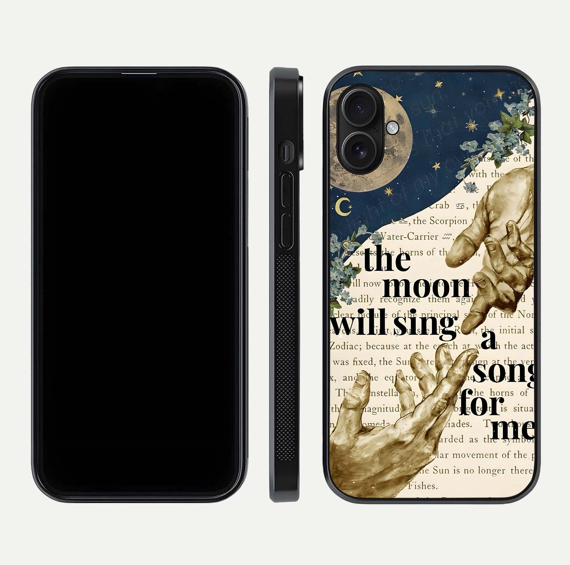 Aesthetic Divine Glass Case for iPhone 16 Pro front and back view layout showing black front display and divine art glass back