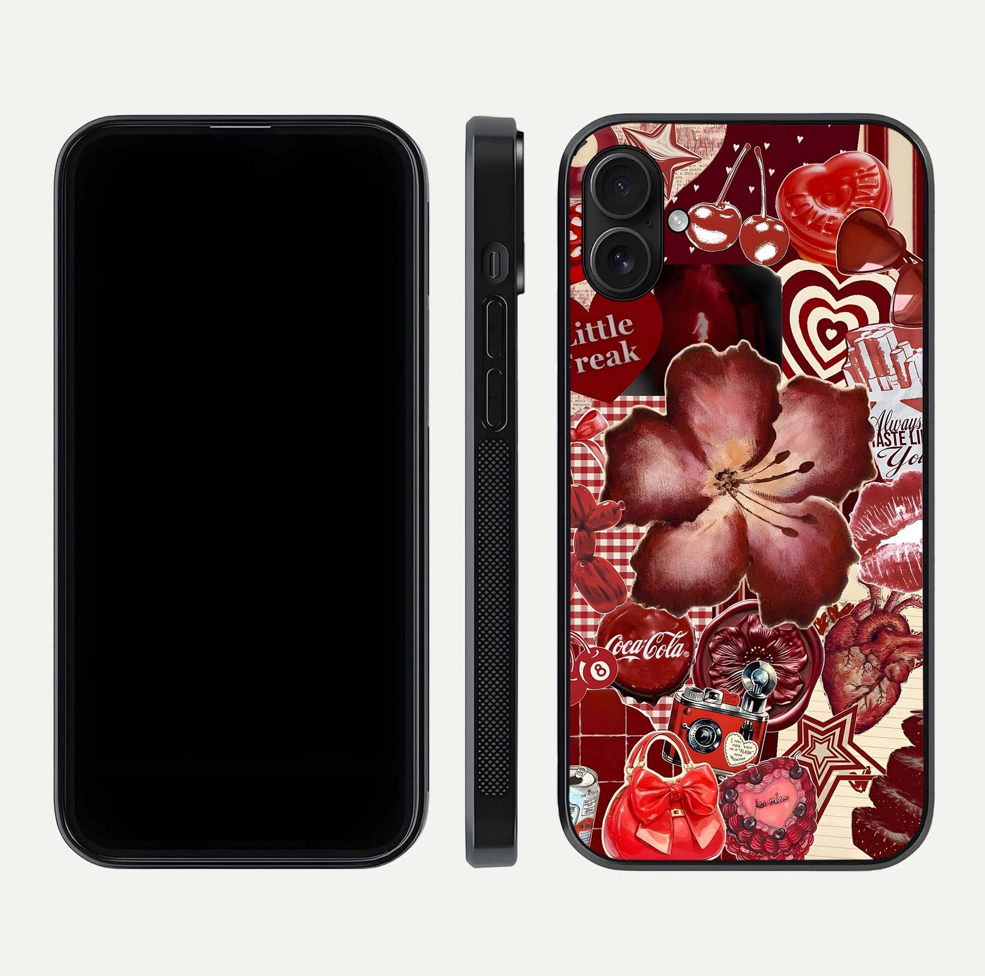 Aesthetic Little Freak Glass Case for iPhone 16 Pro front and back view layout showing black front display and trendy collage glass back
