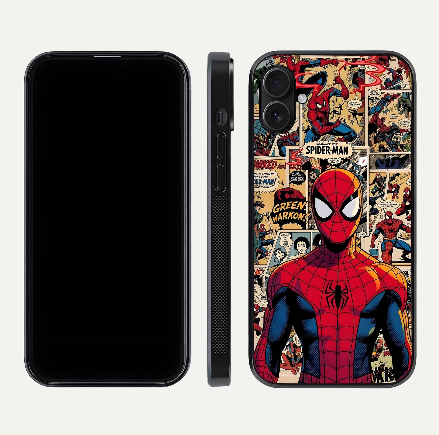 Aesthetic Spider Man Glass Case for iPhone 16 Pro front and back view layout showing black front display and Spider-Man art glass back