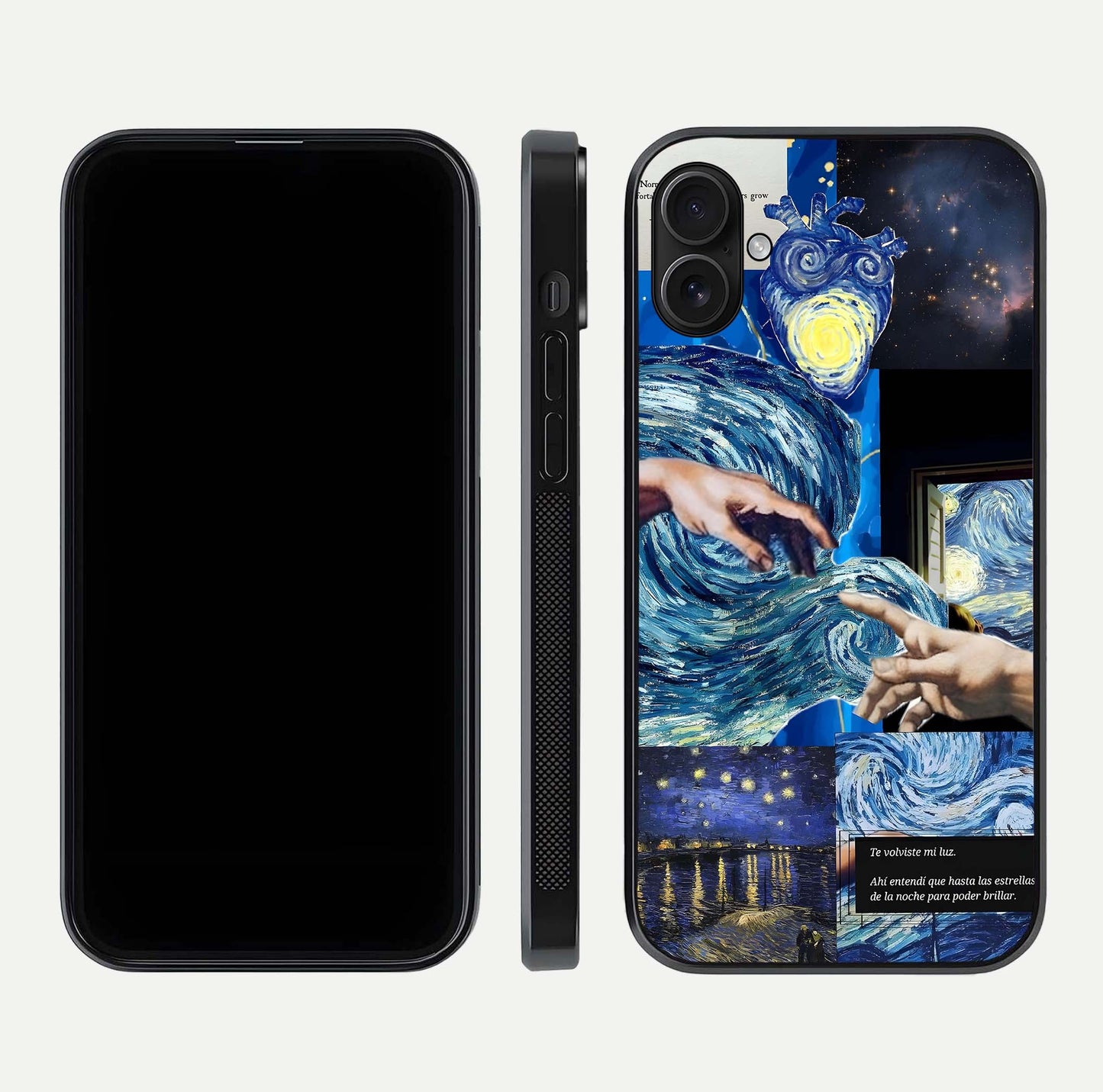 Aesthetic Vando Hands Glass Case for iPhone 16 Pro front and back layout highlighting camera cutout and premium glass shine