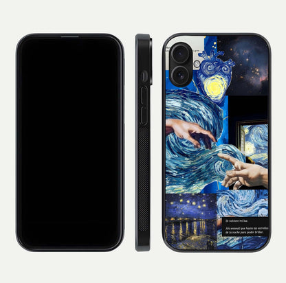 Aesthetic Vando Hands Glass Case for iPhone 16 Pro front and back layout highlighting camera cutout and premium glass shine