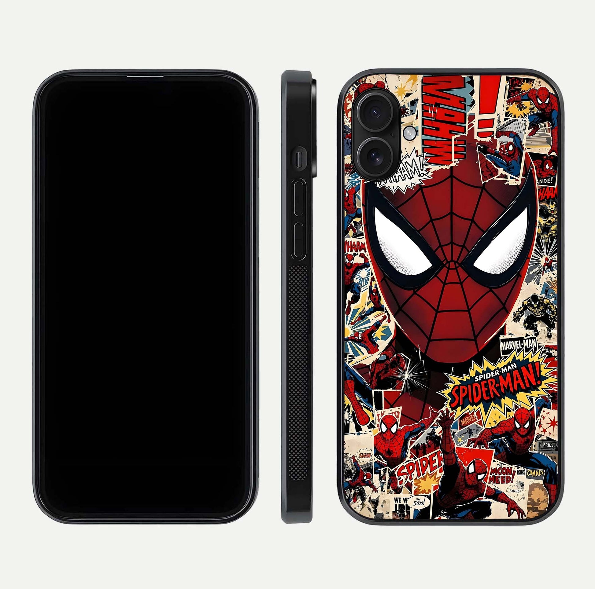 Aesthetic Wonder Spider Glass Case for iPhone 16 Pro dual-view layout showing premium glass shine and strong edge design