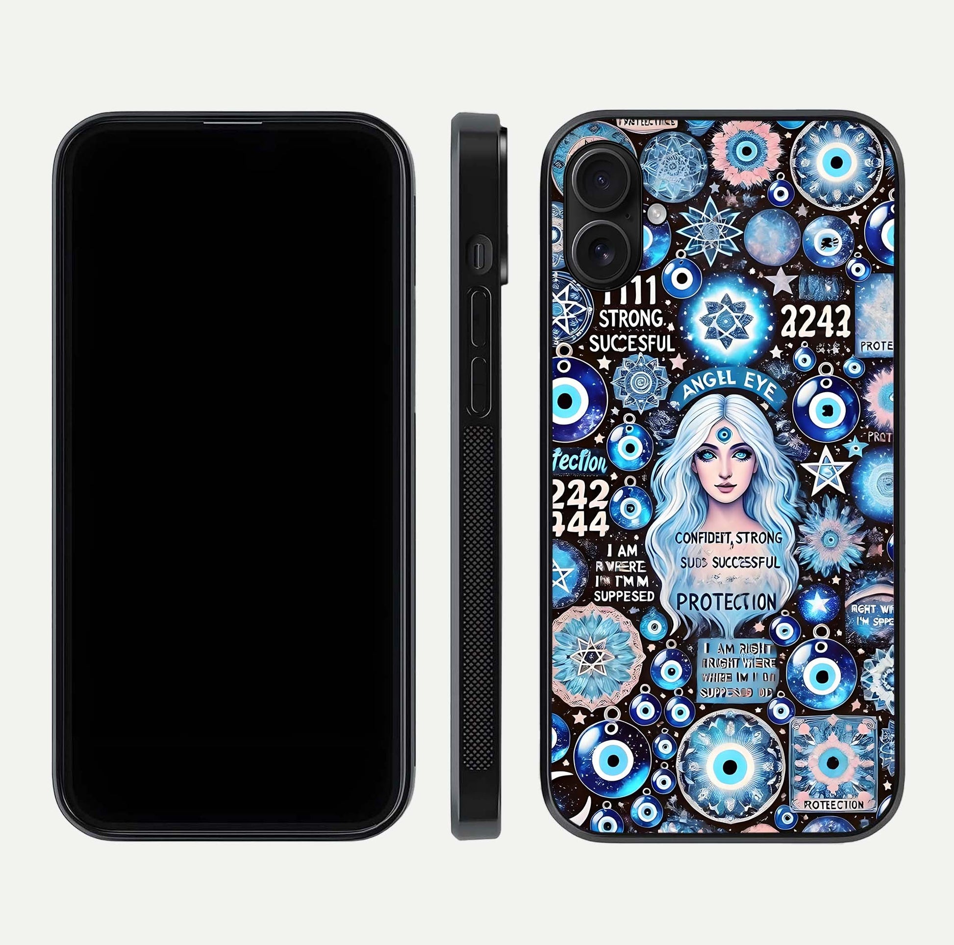 Angel Aura Shield Glass Case for iPhone 16 Pro front and back display highlighting glass clarity and spiritual design