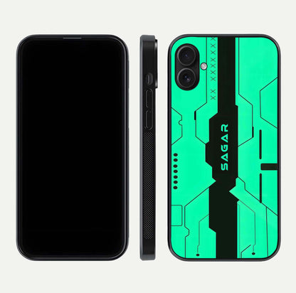 Aqua Tech CYBERPUNK Custom Name Glass Case for iPhone 16 Pro front and back display showing sleek tech pattern and shine