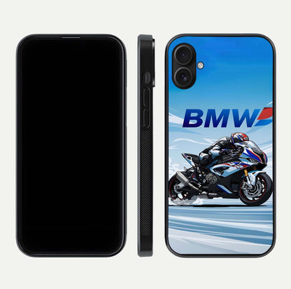 BMW Power Drift Glass Case for iPhone 16 Plus dual-view layout showing energy pattern and edge clarity
