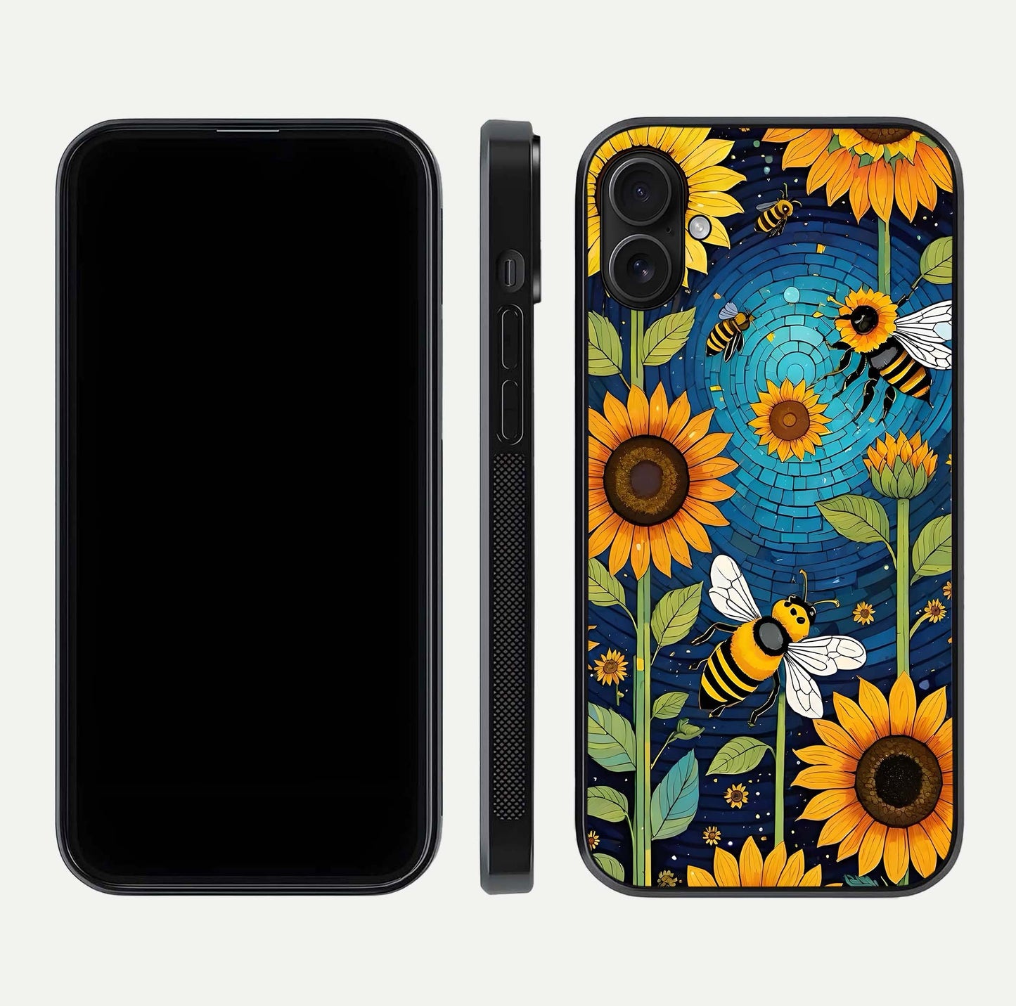 Bees & Sunflowers Glass Case for iPhone 16 Pro front-and-back layout highlighting nature-inspired artwork and protective edge