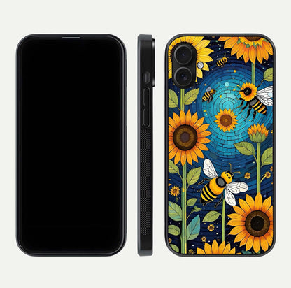 Bees & Sunflowers Glass Case for iPhone 16 Pro front-and-back layout highlighting nature-inspired artwork and protective edge