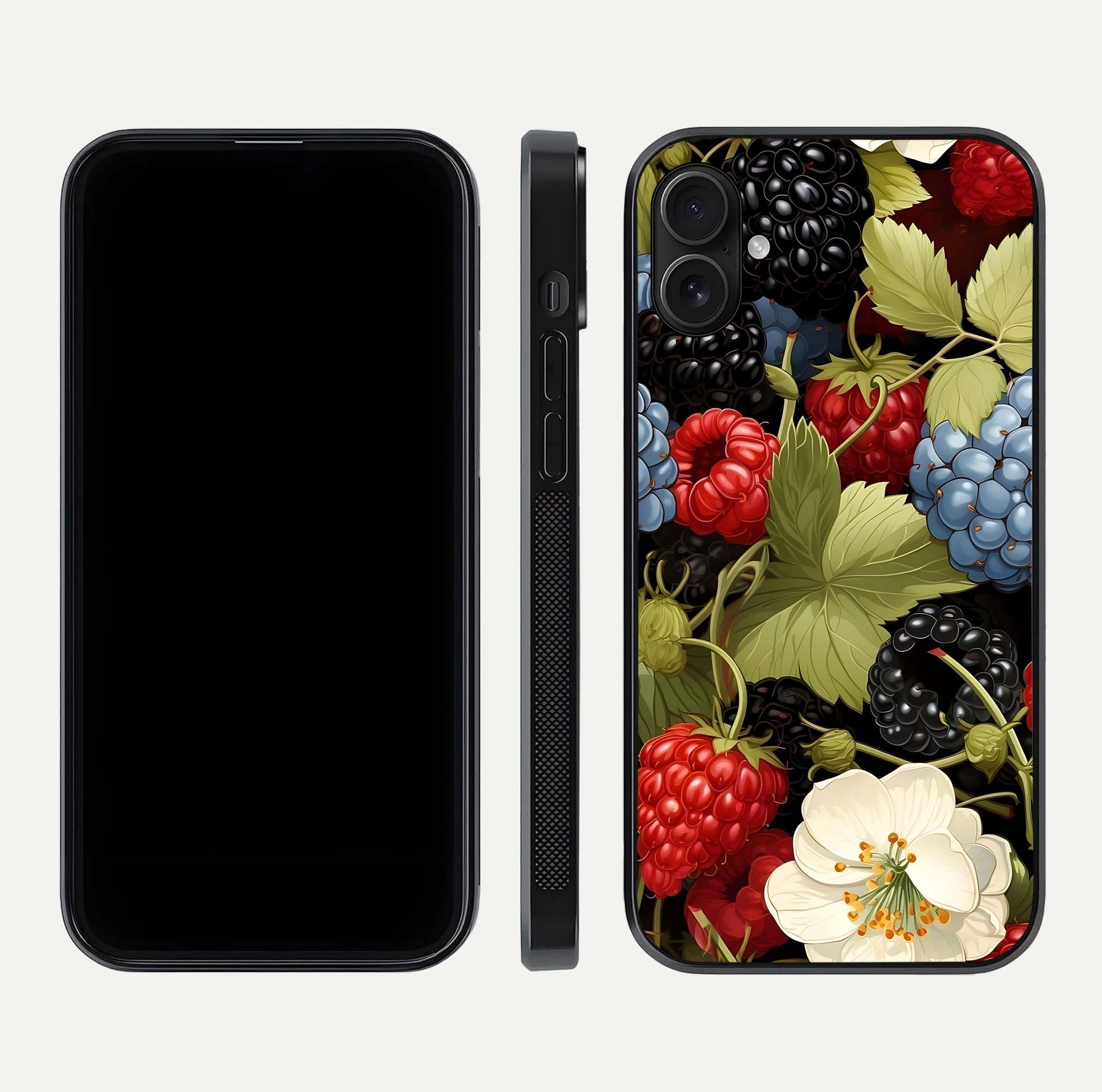 Berry Bloom Charm Glass Case for iPhone 16 Pro front-and-back layout showing floral pattern continuity and smooth glass shine